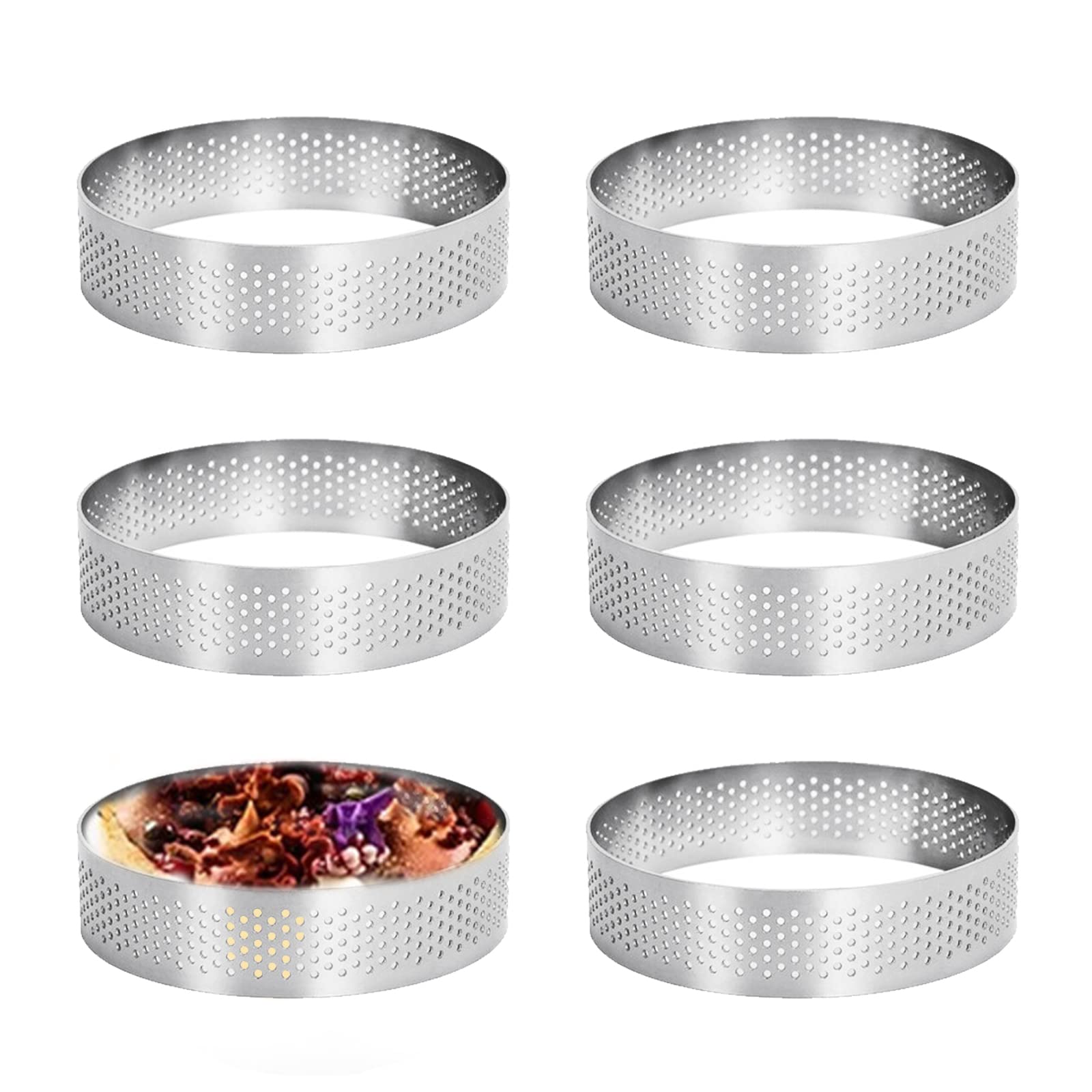 Jetisva 6 Pcs Perforated Tart Ring Stainless Steel Pastry Rings 8cm Heat-Resistant Porous Cake Mousse Ring, Metal Circular Tart Rings for Baking Dessert Ring DIY Porous Crumpet Rings, Muffin Rings