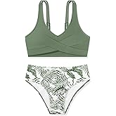 Girls Swimsuit 2 Piece Tropical Floral Twist Cross Swimwear High Waisted Bikini Set Teen Solid Color Bathing Suit 9-16T