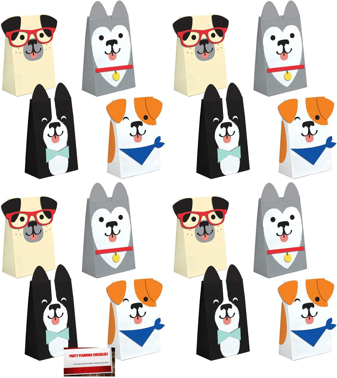 Puppy Dog 16 Pack Party Paper Loot Treat Candy Favor Bags with Attachments (Plus Party Planning Checklist by Mikes Super Store)