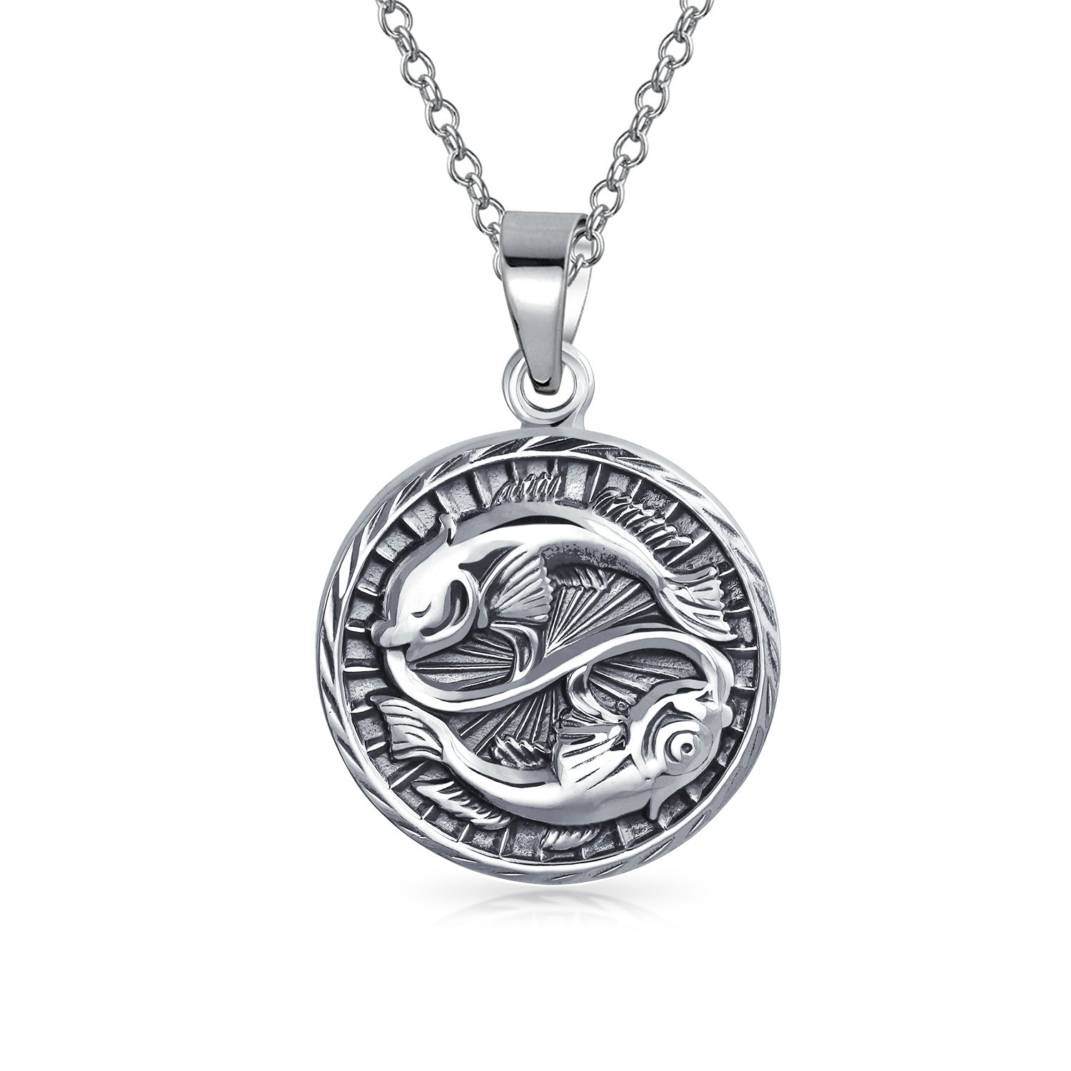 Bling Jewelry Pisces Zodiac Sign Astrology Horoscope Round Medallion Pendant For Men Women Necklace Antiqued Sterling Silver — image 1