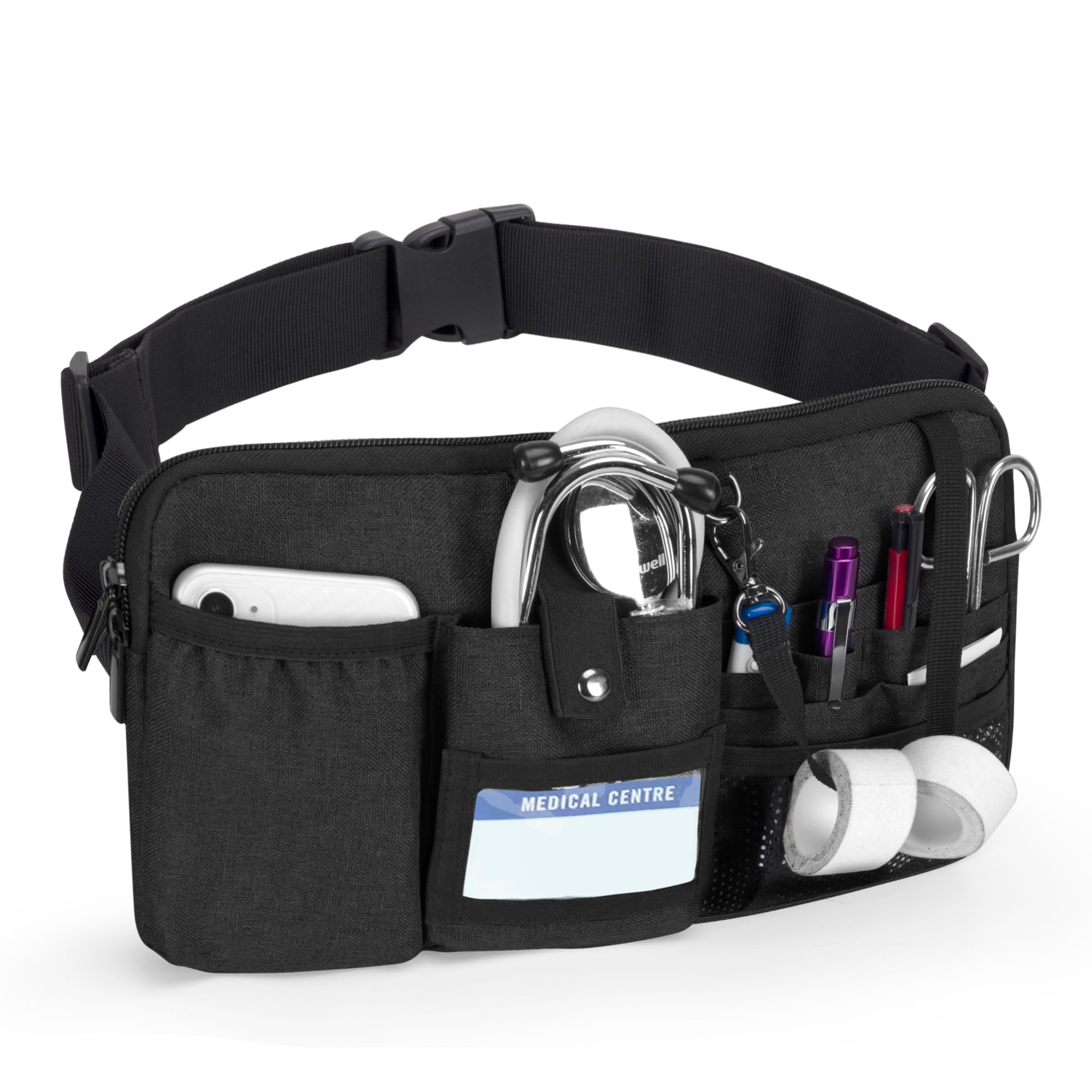Trunab Utility Nurse Fanny Pack with 12 Essential Tool Pockets, Tape Holder, Adjustable Waist Belt,Vet Nurse Pouch Waist Bag for Doctor, Nurse, Professionals Black - Patented Design