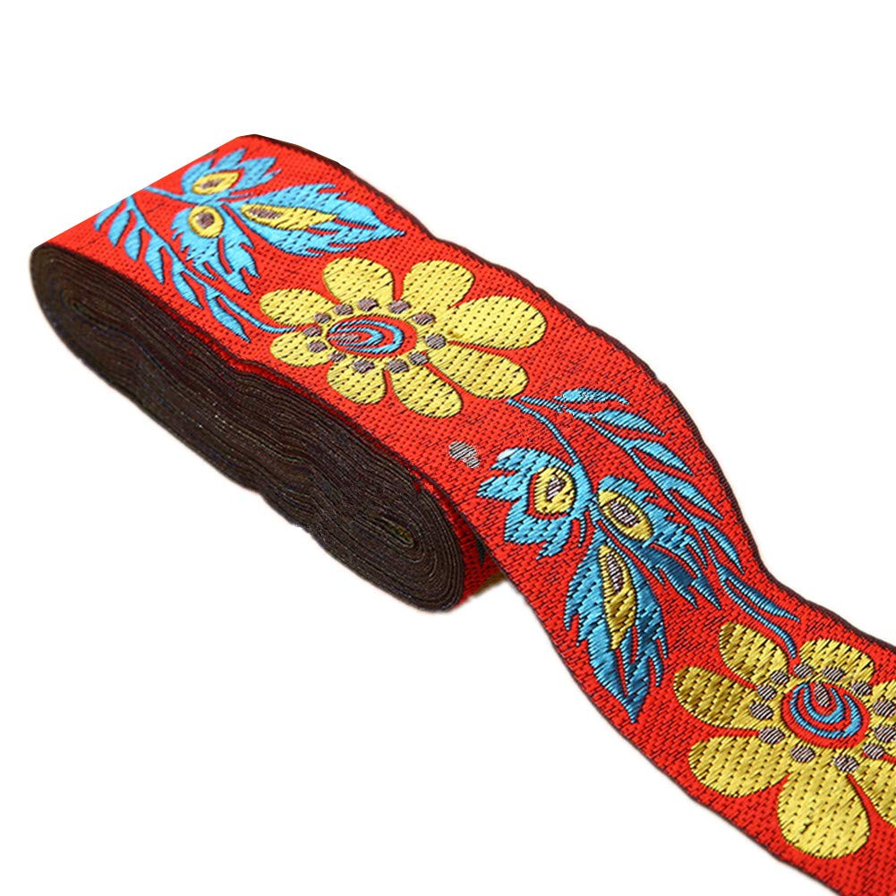 7 Meters Sunflower Jacquard Ribbon Floral Embroidered Woven Trim Vintage Fabric Bias Tape for Home Decor Embellishment Width 5cm (Red)