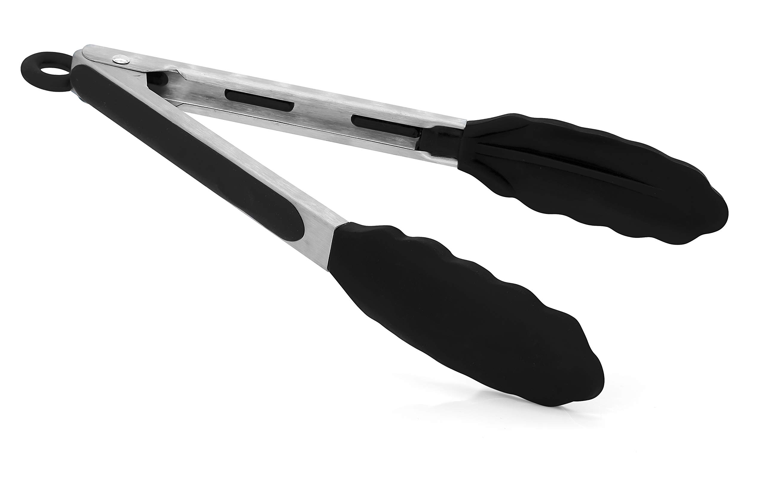 Granny's Kitchen Silicone and Stainless Steel Tongs - Scratch-Resistant Easy Grip Handle for Cooking Serving Meat Barbecue Salad Buffet - 9 inches - Black