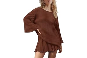 LAMISSCHE Womens Lounge Set Oversized 2 Piece Sweater Skirt Sets Long Sleeve Knit Top Pleated Skirts