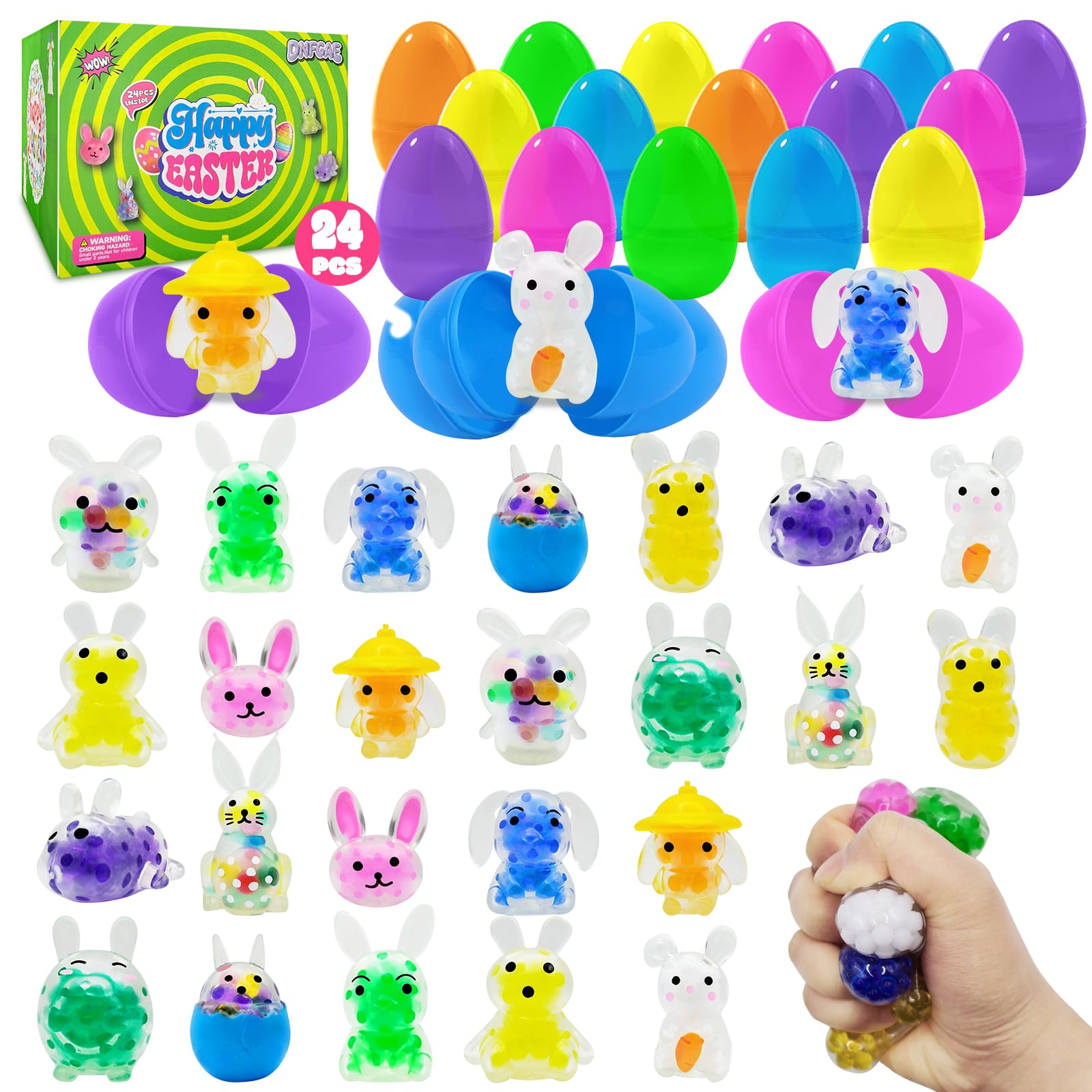 24 Pack Prefilled Easter Eggs with Squeeze Toys Easter Bunny Mini Squeeze Balls, Easter Basket Stuffers Easter Stress Balls Great for Easter Basket Stuffers and Party Favors