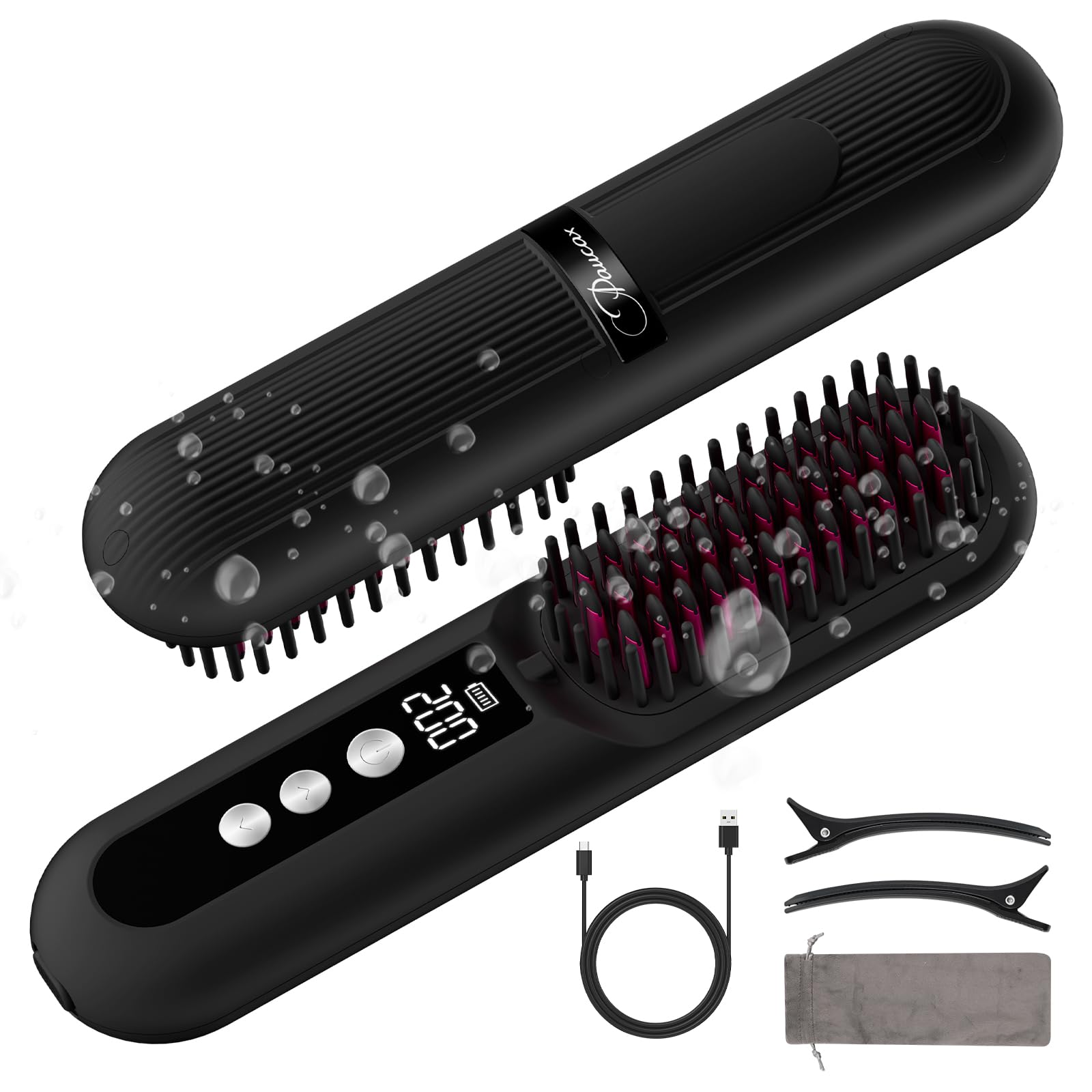 CARER SPARK Cordless Hair Straightener Brush 10000mAh 30s Fast Heat Millions of Negative Ions 80 Min Working Time 9 Heat Levels Portable Mini Hair Straightener Brush Travel Anti-Scald & Quick Styling