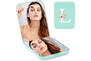 BUGARORE Personalized for Women Initial L LED Compact Mirror for Purses, Travel Makeup Mirror with Lights and 1x/3x Magnification, Portable Pocket Mirror with Light for Girls Women Green