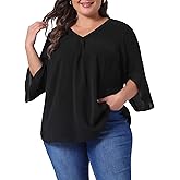 Agnes Orinda Plus Size Spring Tops for Women 3/4 Sleeve V Neck Chiffon Work Dressy Casual Shirt