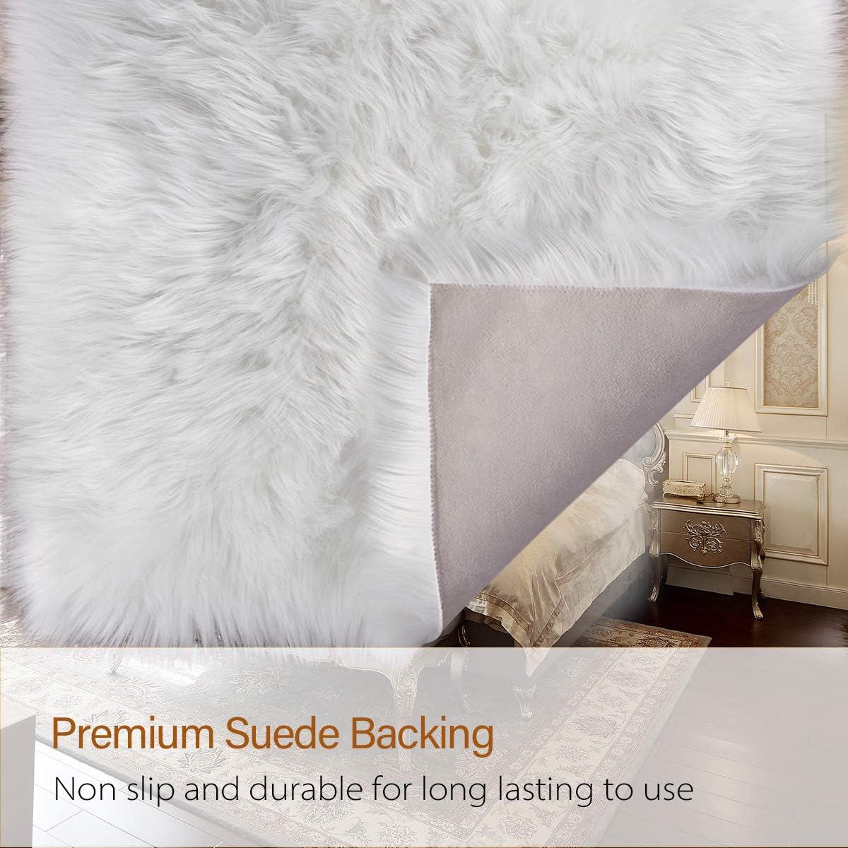 LOCHAS Deluxe Super Soft Fluffy Shaggy Home Decor Faux Sheepskin Rug for Bedroom Floor Sofa Chair, Chair Cover Seat Pad Couch Pad Area Carpet, 2ft x 3ft, Ivory White: Kitchen & Dining