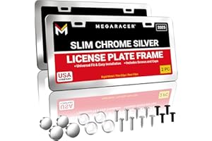 MEGA RACER Premium Slim Chrome Silver License Plate Frames – 2 Pack, Rust-Free Stainless Steel, Rattle-Free & Street Legal Universal Fit with Screw Caps, Thin Metal Front & Rear Car Tag Holders - For Men & Women