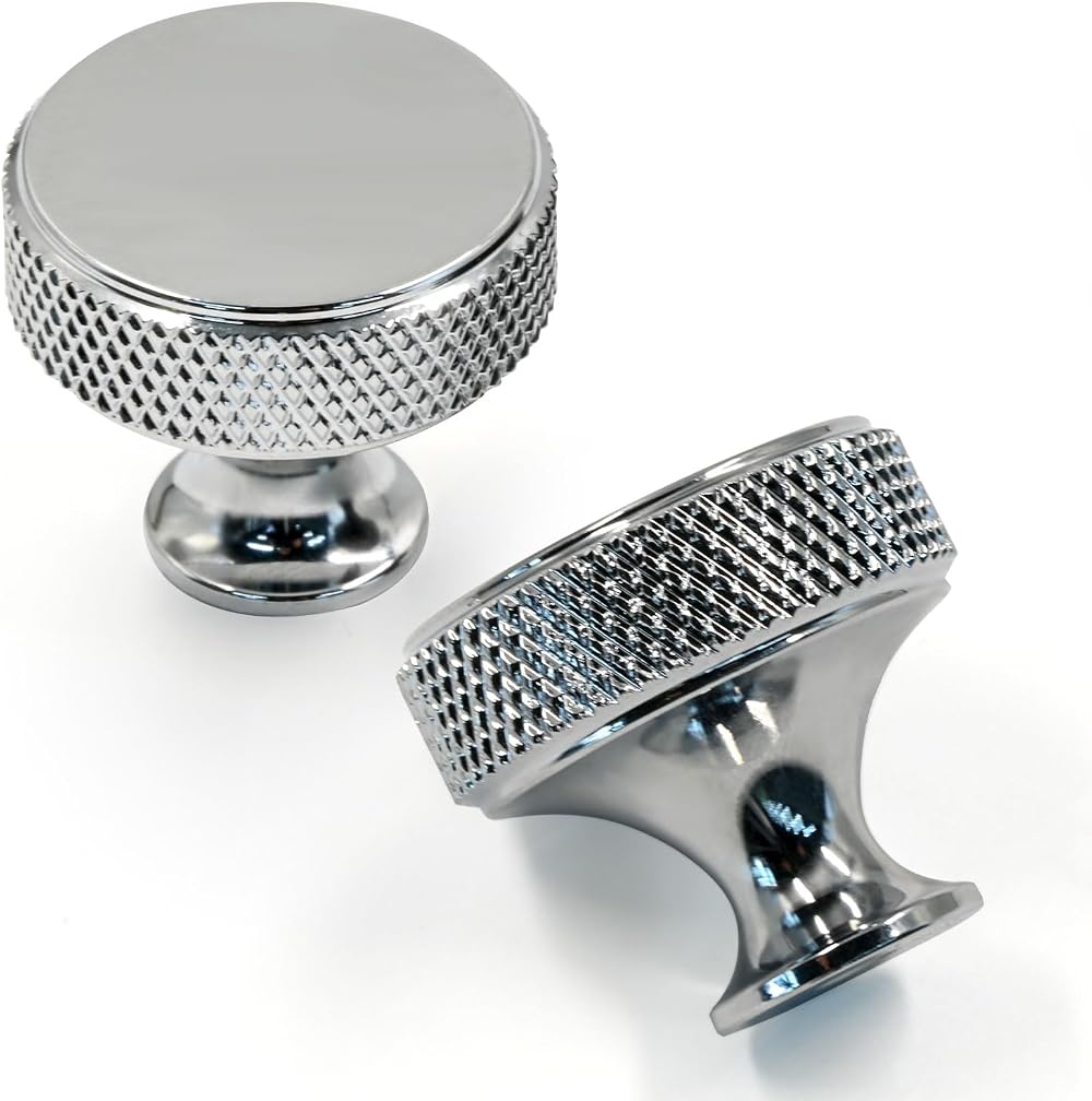 Amerdeco 10 Pack Polished Chrome Knurled Cabinet Knobs 1.2 inch Diameter