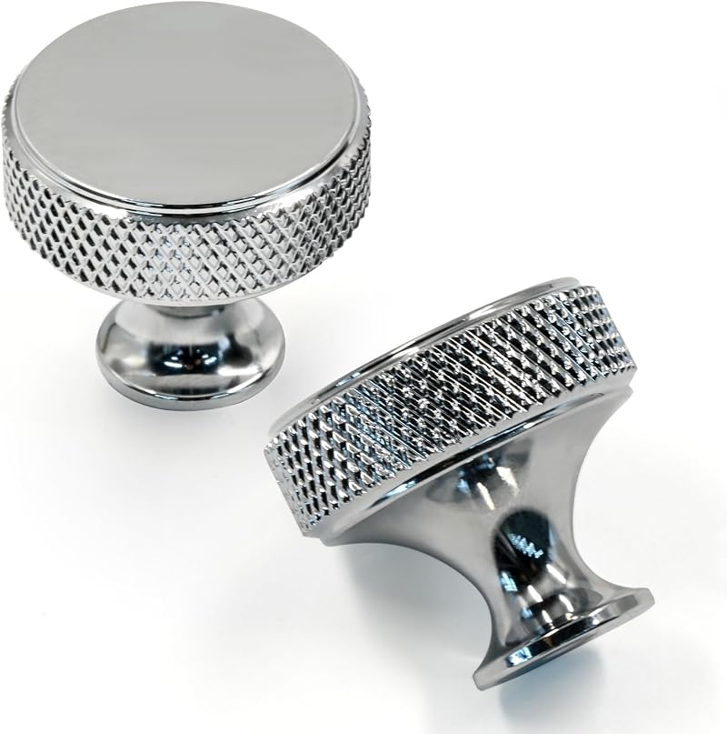 Amerdeco 10 Pack Polished Chrome Knurled Cabinet Knobs 1.2 inch Diameter