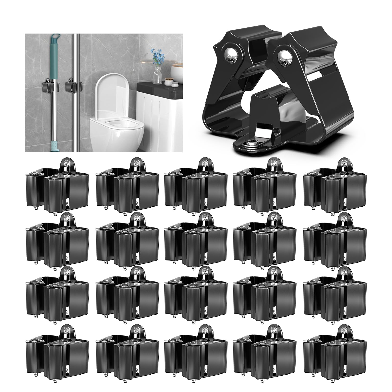 3-H Broom Holder Wall Mounted 20Pcs, Stainless Steel Mop Holder, Broom Storage Heavy Duty Tool Hook Brush Storage Organiser with Non-slip Silicone Gear for Garage Garden Shed Bathroom Kitchen (Black)
