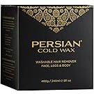 Persian Cold Wax Kit, Sugar Wax for Hair Removal Waxing Fine to Medium Hair Types Body, 8oz (240 ml) wax pot, 20 fabric strips, 2 spatulas