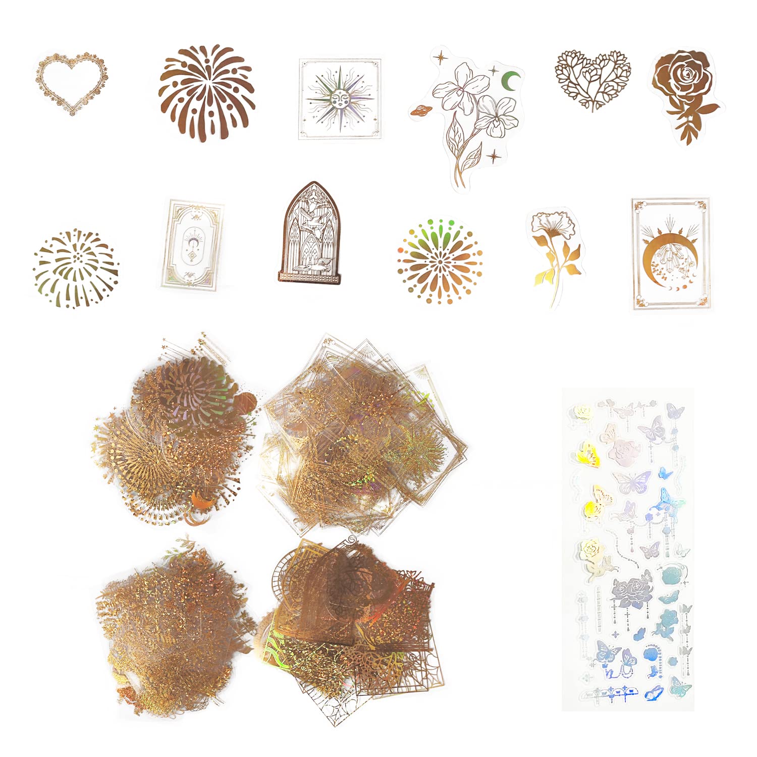 200pcs Hot Gold Laser Stickers, Golden Dream Series, Scrapbook Stickers, Vintage DIY Stickers, Suitable for Diaries, Photo Albums, Calendars, Notebooks