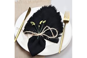 Dololoo Handmade Cloth Napkins with Fringe,18 x 18 Inches Cotton Linen Napkins Set of 4 Versatile Handmade Square Rustic Fringe Napkins for Dinner, Wedding and Parties, Black