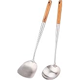 FJNATINH Wok Spatula and Ladle Tool Set, 17inches Spatula for Wok, 304 Stainless Steel Spatula Soup Ladle