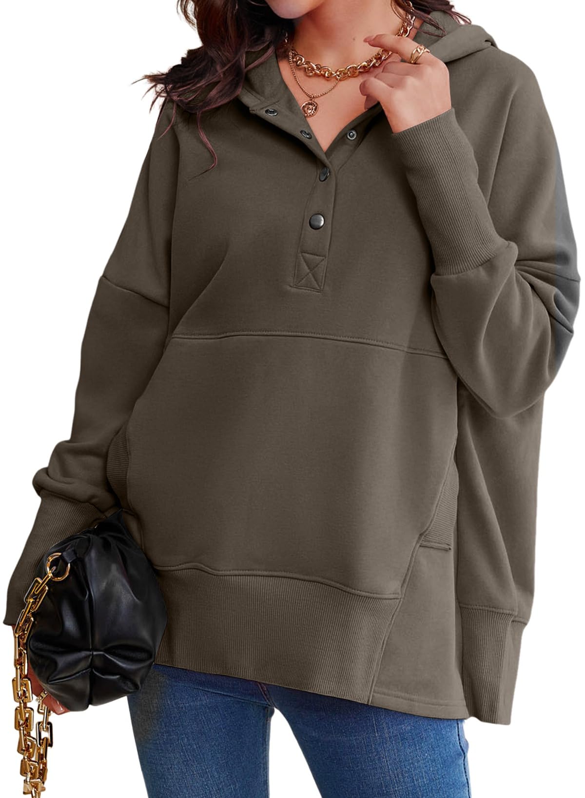 AlvaQ Womens Sweatshirts Button V Neck Fleece