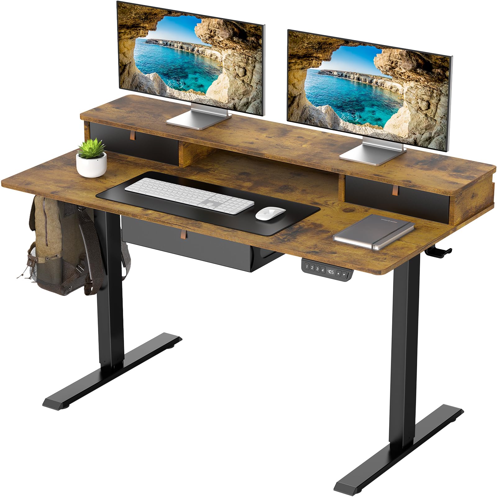 Photo 1 of Veken Standing Desk with 3 Drawers and Raised Storage Shelf, Electric Height Adjustable Sit Stand Table, Ergonomic Office Computer Desks for Workstation, Home, Study, Writing, Gaming, 47.2 Inch, Brown