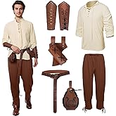 Hewlaud 6 Pcs Men's Renaissance Costume Halloween Medieval Pirate Costume Set Viking Shirt Pants Cosplay