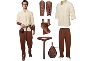 HEWLAUD 6 Pcs Men's Renaissance Costume Halloween Medieval Pirate Costume Set Viking Shirt Banded Pants Belt Accessories Cosplay (Brown, Large)