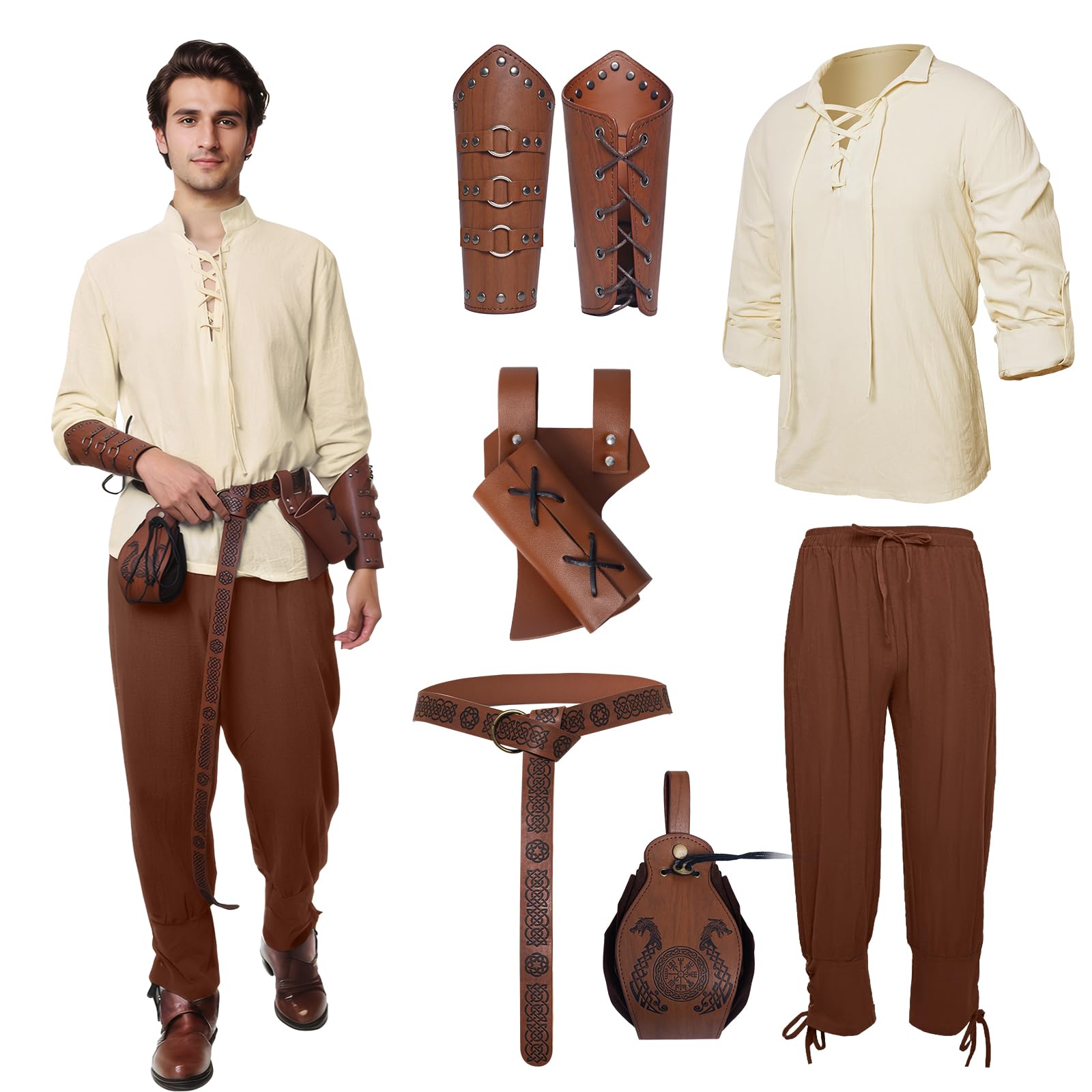 Medieval Clothing Men's Viking Costume Set with Men's Medieval Pirate, Medieval Trousers with Men's Arm Guards/Knight Belt/Retro Pirate Gold Coin Bag/Sword Bag (White Brown, L)