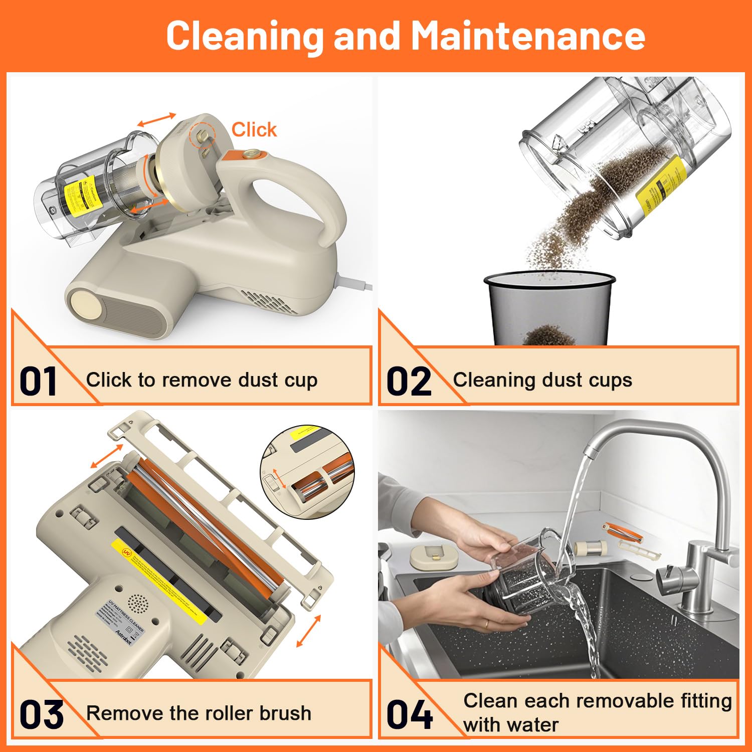 Mattress Vacuum Cleaner,16Kpa Suction with 253.7nm UV-C Light Bed Vacuum, 4400 Beats/Min,140℉ Heat Dry,Double-Cup Handheld Vacuums for BedCouch,Carpet,HEPA Filter System-Corded(White)