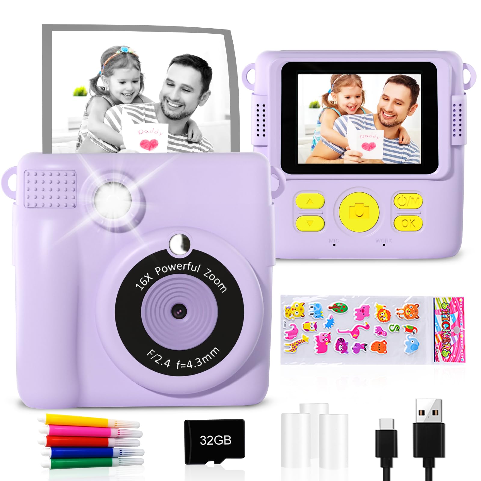 Instant Print Camera for Kids - 1080P HD Instant Print Photo - Christmas Birthday Gifts for Age 4 5 6 7 8 9 10 Girls Boys - Portable Toy with 3 Rolls Photo Paper, 5 Color Pens, 32GB Card - Purple