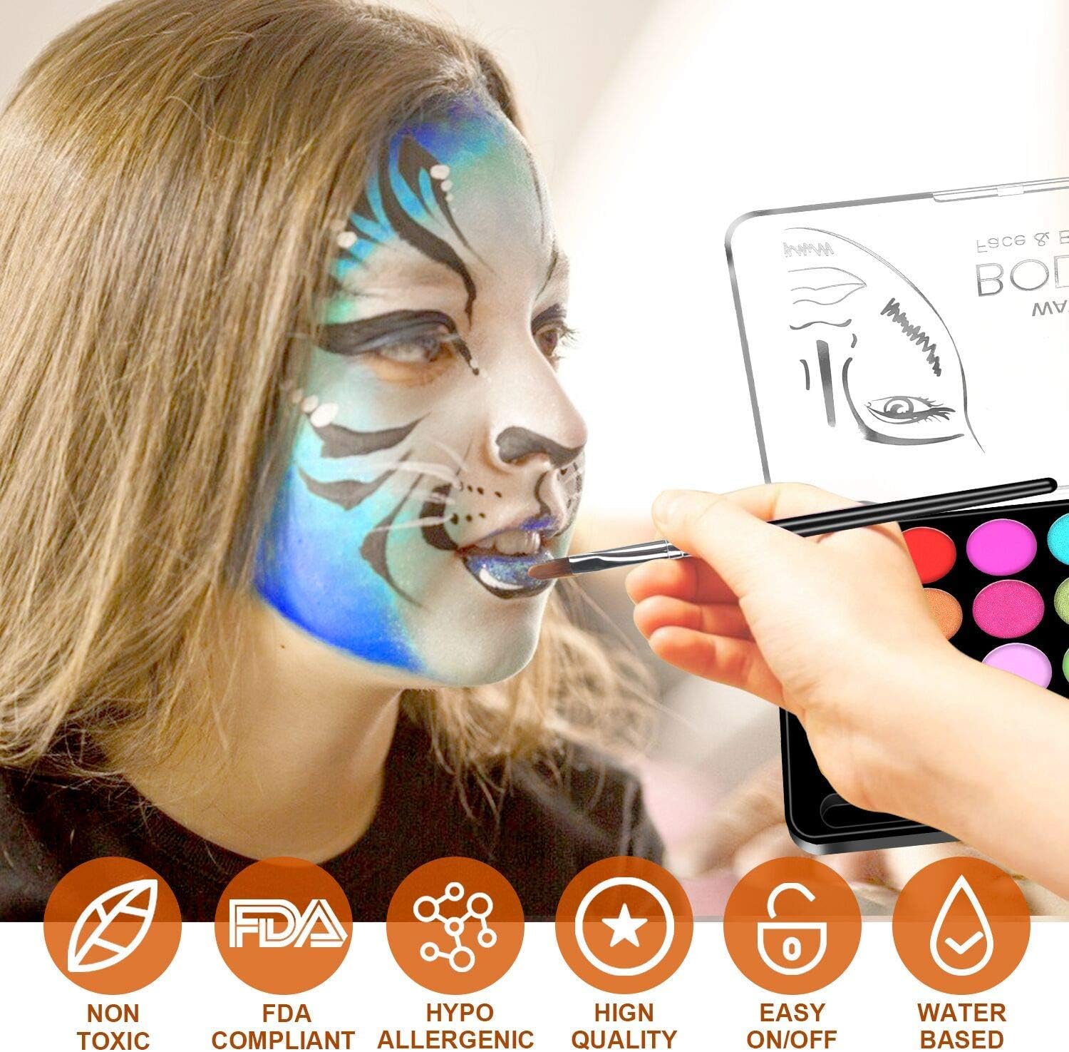 RIOGOO Face Paint Kit for Kids, 32 Stencils, 24 Large Water Based Paints, 2 Brushes, Professional Quality Face & Body Paint - Image 5