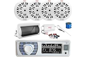 ENROCK MARINE Pyle PLRMR23BTW Single DIN Bluetooth Marine MP3 AM/FM Stereo Receiver, Slide-Up Cover, 4-Channel Amplifier w/Kit, 4X 6.5 200 Watt Peak Full Range 2-Way Waterproof Speakers w/Wire, Long Range Antenna