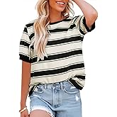 Womens Tops Cotton Casual Color Block Striped Short Sleeve Shirts Crewneck T Shirts Loose Basic Tee Blouses