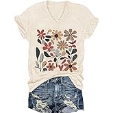 Womens V-Neck T-Shirt Flower Graphic Tees Summer Fashion Boho Tops Tshirts Loose Casual Wildflower Beach T Shirts
