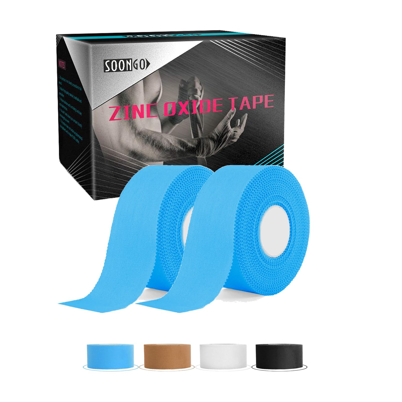 SOONGO Zinc Oxide Tape 2.5cm x 10m Blue 2 Rolls Sports Strapping Athletic Tape Inelastic Provide Maximum Support Fixed Joint Good Viscosity Hypoallergenic