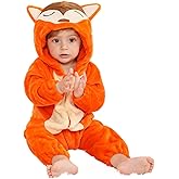 HAHASHOW Baby Winter Hooded Romper Jumpsuit, Unisex Kids Flannel Romper, Halloween Toddler Cartoon Animals Onesie