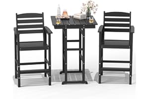 FOOWIN 3 Piece Outdoor Bar Height Table and Chairs, All Weather HDPE Patio Bar Set Outdoor Bistro Set,Adirondack Bar Chairs Set of 2 Outdoor Furniture for Bistro, Poolside, Backyard Black