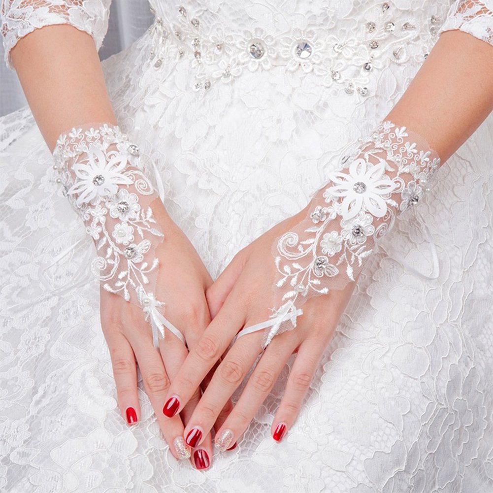 White Lace Gloves Short Bridal Wedding Gloves Evening Gloves Fingerless Gloves Finger Loop Gloves Princess Gloves Costume Fancy Dress Embroidery Rhinestone Studded for Party Prom Opera Communion