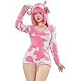 Mobbunny Women's Fuzzy Knit Sweater Pajamas Pink Cow Print Jumpsuit Fluffy Hooded Romper Bodysuit Onesies Pajamas Adult