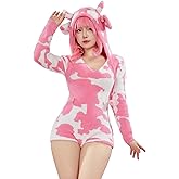 Mobbunny Women's Fuzzy Knit Sweater Pajamas Cute Cow Print Jumpsuit Fluffy Hooded Romper Bodysuit Onesies Pajamas Adult