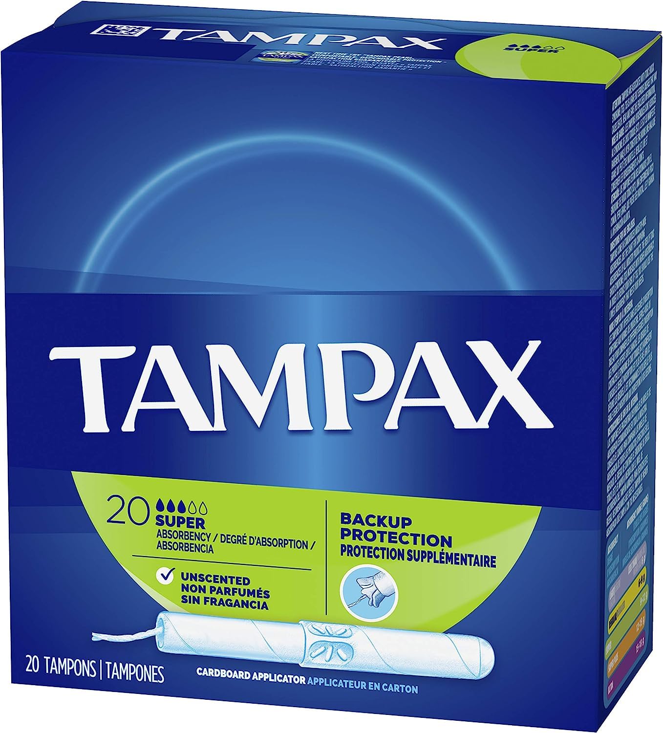 Tampax Cardboard Applicator Tampons, Super Absorbency, Unscented, 20 Count - Pack of 4 (80 Total Count)