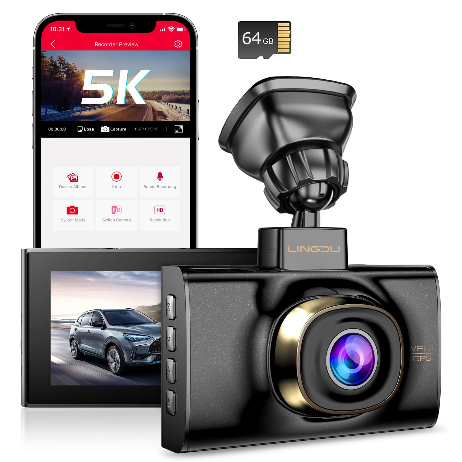 LINGDU Dash Cam 5K with Voice Control, 5G WiFi, GPS, Parking Monitor, 3" IPS Screen, 170 Wide Angle, Night Vision, Bump Detection, Loop Recording, G-sensor, 64G Card Dual Dash Camera