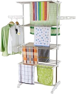 Style home Mobiler Wäscheständer Standtrockner Wäschetrockner-Turm Klappbar Trokenständer, Edelstahl, Silber, Seitenflügel auf 4 Ebenen