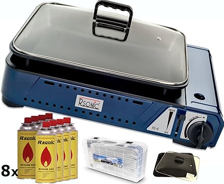 RSonic RS-8 Deluxe tragbarer Gasgrill mit Grillpfanne mit Glasdeckel 2,1 KW inkl. 8X Gaskartuschen