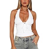 NODHUT Women's Lace Bow Halter V Neck Backless Tank Tops Cute Summer 2025 Ribbed Going Out Tops