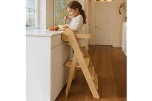 COSYLAND Foldable Kitchen Step Stool with Safety Net - IF Design Awarded Height Adjustable Toddler Standing Tower for Kids - Space Saving Learning Helper Stool with Support Blocks,Foldi (Natural)