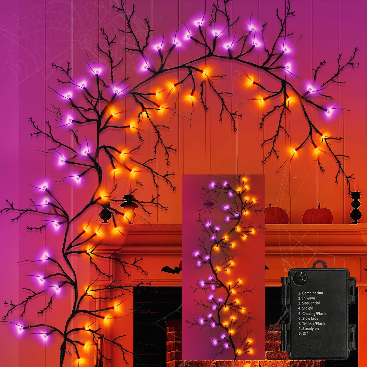 Wreaths, Garlands & Swags - Couah 6 Ft Halloween Willow Vine Twig Lights 54 Orange and Purple LED Lights Timer 8 Modes Waterproof Battery Operated Garland Halloween Decorations for Home Indoor Wall Fireplace Bedroom