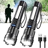 Rechargeable LED Flashlights, 90,000 Lumens Super Bright Handheld FlashLight, 7 Modes with COB Work Light, IPX6 Waterproof, Adjustable Tactical Flash light for Home,Camping and Emergencies-2 Pack