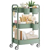 YASONIC 3-Tier Rolling Cart, Green, 66 Pounds Capacity, Mesh Storage Organizer with Lockable Wheels, 3 Hanging Cups, 4 Hooks,