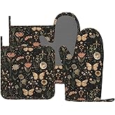 Oven Mitts Pot Holders Set Vintage Butterfly Moon Flower Silicone Kitchen Gloves Potholders Heat Resistant for Chef Baking Cooking Grilling BBQ 4 Pack Mitt