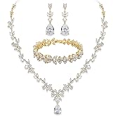 Crysdue Wedding Jewelry Set for Women, Floral Leaf Vine Teardrop Necklace Dangle Earrings Bracelet and Hair Comb, Cubic Zirconia Elegant Party Prom Jewellery for Bridal Bridesmaid
