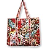 Tote Bag For Women, Shoulder Purse with Inner Pocket, Quilted Cotton Handprinted Reversible Large Multicolor Tote Bag